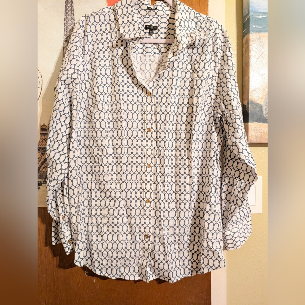 Talbots Cream and Blue Geometric Blouse